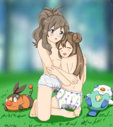 Rule 34 | 10s, 2girls, adult baby, bare back, blue eyes, blush, breasts, brown hair, creatures (company), crying, diaper, double bun, game freak, gen 5 pokemon, hair bun, hilda (pokemon), long hair, multiple girls, nintendo, oshawott, pee, peeing, peeing self, pokemon, pokemon (creature), pokemon bw, pokemon bw2, polka dot, ponytail, rosa (pokemon), small breasts, striped, tepig, topless, twintails, underwear, underwear only, wet, x x
