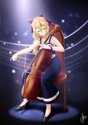 Rule 34 | 10s, 1girl, bare shoulders, blind, blonde hair, bow, cello, dmy-gfx, dress, closed eyes, formal, hair bow, instrument, katawa shoujo, light particles, long hair, playing instrument, satou lilly, scott bennett, signature, sitting, smile, solo