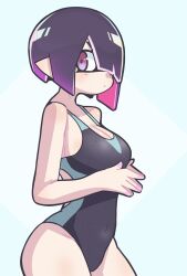 Rule 34 | 1girl, black one-piece swimsuit, breasts, cleavage, closed mouth, covered navel, gradient hair, hair over one eye, hekoningyou (waraningyou), highres, inkling, inkling girl, inkling player character, long bangs, looking at viewer, medium breasts, multicolored clothes, multicolored hair, multicolored swimsuit, nintendo, one-piece swimsuit, one eye covered, pink eyes, pink hair, purple hair, solo, splatoon (series), standing, swimsuit, white background
