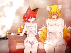 Rule 34 | 2girls, animal ears, blonde hair, blush, body blush, breasts, cat ears, cat tail, commentary, covered navel, extra ears, fire, fire, fox ears, fox tail, hot, kaenbyou rin, large breasts, medium breasts, mizuga, multiple girls, multiple tails, naked towel, plump, pointy ears, sauna, sauna bucket, sauna ladle, size difference, smirk, steam, sweat, tail, thick thighs, thighs, touhou, towel, two tails, wince, yakumo ran, yellow eyes