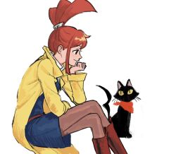 Rule 34 | 1girl, animal, bandana, bandana around neck, black cat, blue dress, boots, brown pantyhose, cat, cat (ghost trick), closed mouth, coat, colored sclera, dress, ghost trick, hand on own chin, highres, impossible hair, invisible chair, knee boots, long hair, long sleeves, lynne (ghost trick), pantyhose, ponytail, red bandana, red footwear, red hair, renshu usodayo, simple background, sitting, slit pupils, smile, solo, white background, yellow coat, yellow sclera