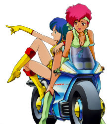 1980s_(style) 2girls blue_eyes blue_hair boots breasts cleavage dark-skinned_female dark_skin dirty_pair earrings female_focus headband jewelry kei_(dirty_pair) knee_boots leaning_forward motor_vehicle motorcycle multiple_girls non-web_source official_art oldschool on_motorcycle open_mouth pointing red_eyes red_hair retro_artstyle simple_background smile sport_motorcycle tomboy white_background yuri_(dirty_pair)