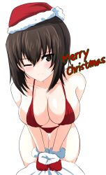 Rule 34 | 1girl, absurdres, aikir (jml5160), bikini, blush, breasts, brown eyes, brown hair, christmas, cleavage, closed mouth, commentary, english commentary, english text, girls und panzer, gloves, halterneck, hat, highres, holding, holding sack, large breasts, leaning forward, light smile, looking at viewer, merry christmas, mixed-language commentary, nishizumi maho, one eye closed, red bikini, red gloves, red hat, sack, santa bikini, santa gloves, santa hat, short hair, simple background, solo, standing, swimsuit, thigh gap, white background