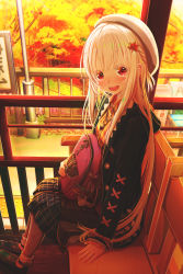 Rule 34 | 1girl, :d, aiuabo, albino, autumn, backpack, bag, bag charm, beret, black coat, black skirt, blush, charm (object), coat, commentary request, day, green footwear, hair ornament, hat, highres, hood, hood down, jewelry, leaf hair ornament, long sleeves, looking at viewer, nail polish, open mouth, orange shirt, original, outdoors, patting, pendant, plaid, plaid footwear, plaid shirt, plaid skirt, railing, red eyes, shirt, shoes, sitting, skirt, sleeve ribbon, smile, socks, socks over pantyhose, solo, train station, white hair