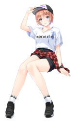 Rule 34 | 1girl, ankle socks, black footwear, black shorts, blue eyes, english text, hat, highres, holding, holding clothes, holding hat, invisible chair, light blush, looking at viewer, nayuta69, orange hair, original, parted lips, reebok, reebok pump, shirt, shoes, short shorts, short sleeves, shorts, simple background, sitting, sneakers, socks, solo, watch, white background, white shirt, white socks, wristwatch