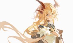Rule 34 | 1girl, arknights, black shirt, blonde hair, blue eyes, blush, chinese commentary, choker, closed mouth, commentary request, dragon horns, dress, eyebrows hidden by hair, floating hair, flower, hair between eyes, hand on own chest, highres, horns, juweibingbang, looking at viewer, official alternate costume, reed (arknights), reed the flame shadow (arknights), shirt, simple background, smile, solo, spaghetti strap, upper body, white background, white choker, white dress, white flower