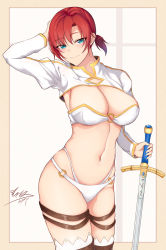 Rule 34 | 1girl, bikini, blue eyes, boots, boudica (fate), breasts, brown footwear, cleavage, fate/grand order, fate (series), highres, large breasts, long sleeves, looking at viewer, navel, o-ring, red hair, reinaz, short hair, short ponytail, shrug (clothing), smile, solo, swimsuit, sword, thigh boots, thigh strap, thighhighs, thighs, weapon, white bikini