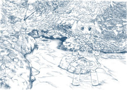 Rule 34 | 1girl, arms at sides, blue theme, camouflage, female focus, kawashiro nitori, monochrome, outdoors, solo, touhou, two side up, wading
