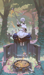 Rule 34 | 1girl, breasts, charlotte (timbougami), closed mouth, cooking, detached sleeves, dress, fire, frilled dress, frills, frying pan, graveyard, grey eyes, grey hair, harness, highres, holding, holding ladle, ladle, large breasts, maid headdress, one eye covered, original, plant, potion, short hair, sitting, solo, strapless, strapless dress, timbougami, tombstone, tree, undead, urn