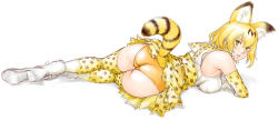 Rule 34 | 10s, 1girl, ass, blonde hair, breasts, from behind, gloves, hair between eyes, kemono friends, large breasts, looking at viewer, looking back, lying, on side, parted lips, serval (kemono friends), shinobu (tyno), short hair, simple background, solo, tail, thighhighs, white background, yellow eyes