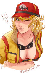 Rule 34 | 10s, 1girl, ;), baseball cap, bikini, bikini top only, blonde hair, breasts, cidney aurum, cleavage, cropped jacket, final fantasy, final fantasy xv, goggles, goggles around neck, green eyes, hat, highres, large breasts, lips, looking at viewer, marshu, navel, nose, one eye closed, short hair, signature, sketch, smile, solo, swimsuit, unzipped, watermark, web address