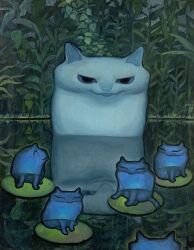 Rule 34 | animal, animal focus, blue cat, blue eyes, cat, closed mouth, highres, karin hosono, lily pad, looking at viewer, nature, no humans, original, outdoors, painting (medium), realistic, traditional media, white cat