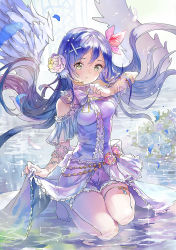 Rule 34 | 10s, 1girl, 77gl, angel wings, arm ribbon, arm strap, bare shoulders, barefoot, blue hair, butterfly hair ornament, dress, feathers, flower, hair flower, hair ornament, hairclip, highres, kneeling, long hair, looking at viewer, love live!, love live! school idol festival, love live! school idol project, purple dress, ribbon, see-through, shorts, shorts under dress, shorts under skirt, solo, sonoda umi, thigh strap, very long hair, water, wet, wet clothes, wet dress, wings, yellow eyes