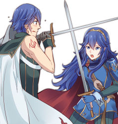 Rule 34 | 1boy, 1girl, ameno (a meno0), bad id, bad pixiv id, blue eyes, blue gloves, blue hair, brown hairband, cape, chrom (fire emblem), father and daughter, fingerless gloves, fire emblem, fire emblem awakening, floating hair, gloves, grey gloves, hair between eyes, hairband, holding, holding sword, holding weapon, long hair, lucina (fire emblem), nintendo, open mouth, pants, simple background, sleeveless, sweatdrop, sword, weapon, white background, white cape