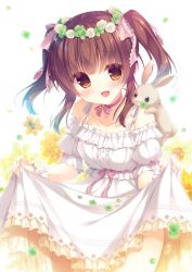 Rule 34 | 1girl, :d, animal, animal on shoulder, bare shoulders, blush, breasts, brown eyes, brown hair, clover, collarbone, commentary request, dress, flower, flower wreath, four-leaf clover, head wreath, looking at viewer, off shoulder, open mouth, original, puffy short sleeves, puffy sleeves, rabbit, rabbit on shoulder, short sleeves, sidelocks, skirt hold, small breasts, smile, solo, twintails, white background, white dress, white flower, yellow flower, yukie (peach candy)