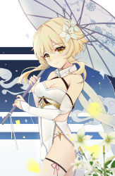 Rule 34 | 1girl, adapted costume, alternate costume, blonde hair, breasts, china dress, chinese clothes, cleavage, clothing cutout, commentary request, detached sleeves, dress, eyes visible through hair, flower, genshin impact, hair flower, hair ornament, highres, holding, looking at viewer, lumine (genshin impact), oil-paper umbrella, qingye ling, scarf, short hair, short hair with long locks, solo, thigh cutout, umbrella, white dress, yellow eyes