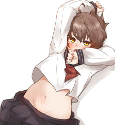 Rule 34 | 10s, 1girl, amonitto, arm up, blush, brown hair, clothes pull, groin, inazuma (kancolle), kantai collection, looking at viewer, lying, midriff, navel, neckerchief, no panties, on back, open mouth, pussy, pussy peek, school uniform, serafuku, shirt, skirt, skirt pull, solo, uncensored, yellow eyes