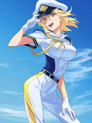 Rule 34 | 1girl, adjusting clothes, adjusting headwear, belt, blonde hair, breasts, cagalli yula athha, cloud, gloves, gundam, gundam seed, hair between eyes, hand on own leg, hat, high-waist pants, highres, looking at viewer, medium breasts, medium hair, military hat, nito minatsuki, open mouth, outdoors, pants, red eyes, shirt, short sleeves, sky, smile, solo, teeth, uniform, upper body, upper teeth only, white gloves, white pants, white shirt
