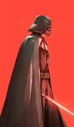 Rule 34 | 1boy, armor, belt, black armor, black belt, black cape, black headwear, cape, chun lo, darth vader, energy sword, facing to the side, from side, helmet, highres, holding, holding lightsaber, holding weapon, lightsaber, male focus, red background, red lightsaber, red theme, simple background, sith, solo, standing, star wars, sword, weapon