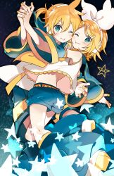 Rule 34 | 1boy, 1girl, 4 (nakajima4423), :t, blonde hair, blue eyes, bow, brother and sister, cheek-to-cheek, hair bow, hair ornament, hairclip, holding hands, heads together, headset, hetero, kagamine len, kagamine rin, one eye closed, ponytail, sailor collar, shorts, siblings, star (symbol), twins, vocaloid, wavy mouth