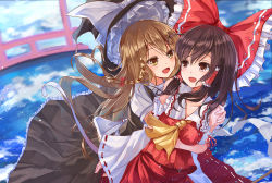 Rule 34 | 2girls, :d, above clouds, ascot, blonde hair, bow, braid, breast rest, breasts, brown hair, cloud, collarbone, commentary, detached sleeves, eyelashes, flying, gohei, hair bow, hair ribbon, hair tubes, hakurei reimu, hand on another&#039;s shoulder, hat, unworn hat, heads together, unworn headwear, hug, kirisame marisa, light particles, long hair, looking at another, md5 mismatch, medium breasts, muireko, multiple girls, open mouth, red eyes, ribbon, ribbon-trimmed skirt, ribbon-trimmed sleeves, ribbon trim, short hair, single braid, skirt, skirt set, smile, torii, touhou, tress ribbon, witch hat, yellow eyes, yuri
