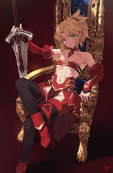 Rule 34 | 1girl, absurdres, aqua eyes, bare shoulders, blonde hair, boots, braid, breasts, clarent (fate), closed mouth, commentary request, crossed legs, detached sleeves, fate/apocrypha, fate/grand order, fate (series), french braid, full body, head tilt, highres, holding, holding sword, holding weapon, looking at viewer, mordred (fate), mordred (fate/apocrypha), navel, ponytail, sidelocks, signature, sitting, small breasts, solo, strapless, sword, throne, tube top, underboob, weapon, yd (orange maru)