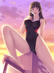 Rule 34 | 1girl, barefoot, black eyes, black hair, breasts, cloud, collarbone, competition swimsuit, covered erect nipples, crotch rub, feet, foreshortening, highleg, highleg swimsuit, highres, kuri (kurigohan), large breasts, legs, long hair, long legs, mizuno (brand), one-piece swimsuit, open mouth, sky, soles, solo, swimsuit, thighs, toes, wet