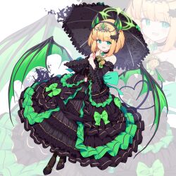 Rule 34 | 1girl, alternate costume, bare shoulders, bat hair ornament, black choker, black dress, black footwear, black pantyhose, blonde hair, blue archive, blush stickers, bow, choker, collarbone, demon tail, demon wings, detached sleeves, dress, fake head wings, fake tail, fake wings, fangs, frilled dress, frills, gothic lolita, green bow, green eyes, green ribbon, hair ornament, halloween costume, halo, heart, heart tail, high heels, highres, lolita fashion, looking at viewer, midori (blue archive), neck ribbon, open mouth, pantyhose, parasol, ribbon, short hair, smile, solo, standing, surps, tail, tiara, umbrella, wings, zoom layer