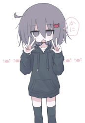 Rule 34 | 1girl, ahoge, black hoodie, black thighhighs, blush, crab, crab hair ornament, double w, drawstring, fang, feet out of frame, grey eyes, grey hair, hair between eyes, hands up, hood, hood down, hoodie, kanikan, long sleeves, looking at viewer, medium hair, open mouth, original, simple background, skin fang, solo, speech bubble, standing, straight-on, thighhighs, translated, w, white background, zettai ryouiki