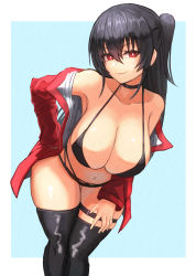 Rule 34 | 1girl, azur lane, bikini, black bikini, black choker, black thighhighs, blue background, border, breasts, choker, cleavage, collarbone, highres, jacket, large breasts, leaning forward, long hair, long sleeves, looking at viewer, moppo, navel, official alternate costume, one side up, race queen, red eyes, red jacket, simple background, smile, solo, swimsuit, taihou (azur lane), taihou (enraptured companion) (azur lane), thighhighs, white border