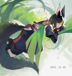 Rule 34 | 1boy, animal ear fluff, animal ears, arms up, artist name, bag, baggy pants, belt, black footwear, black gloves, black hair, blue eyes, blue pants, boots, bush, closed mouth, crossed arms, cyanr, dated, fox boy, fox ears, fox tail, genshin impact, gloves, green hair, grey shirt, hair between eyes, hands up, highres, leaf, looking down, looking to the side, lying, multicolored hair, pants, purple bag, purple belt, shirt, short hair, short sleeves, solo, tail, tighnari (genshin impact), two-tone hair, water drop