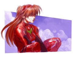 Rule 34 | 1girl, blood, blood on face, blue eyes, bodysuit, breasts, brown hair, dave rapoza, headgear, highres, interface headset, lips, long hair, neon genesis evangelion, pilot suit, plugsuit, red bodysuit, science fiction, sitting, sky, small breasts, solo, souryuu asuka langley