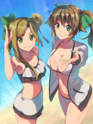 Rule 34 | 2girls, ahoge, asymmetrical hair, beach, bikini, bow, breasts, brown hair, chiharu (9654784), cleavage, collarbone, cowboy shot, day, green bow, green eyes, grey jacket, groin, hair between eyes, hair bow, hair bun, hair ribbon, highres, jacket, large breasts, long hair, long sleeves, looking at viewer, medium breasts, miniskirt, multiple girls, navel, open clothes, open jacket, original, outdoors, outstretched arm, pencil skirt, ribbon, side ponytail, single hair bun, skirt, smile, sparkle, standing, swimsuit, white bikini, white skirt