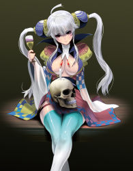 Rule 34 | 1girl, ahoge, alcohol, aqua thighhighs, breasts, center opening, cup, drinking glass, hair ornament, holding, kouno (masao), large breasts, long hair, looking at viewer, original, red eyes, silver hair, skull, smile, solo, thighhighs, twintails, wine, wine glass