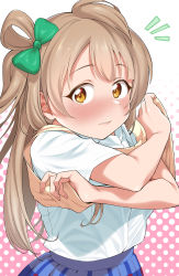 Rule 34 | 1girl, absurdres, ahoge, blush, commentary, embarrassed, hair ribbon, highres, koaraya, light brown hair, long hair, looking back, love live!, love live! school idol project, minami kotori, one side up, otonokizaka school uniform, ribbon, school uniform, sidelocks, solo, undressing, upper body, yellow eyes