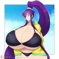 Rule 34 | 1girl, absurdres, artist name, bikini, black bikini, blue background, bow, breasts, crysnickel, eiken, female focus, gigantic breasts, grin, highres, long hair, looking to the side, matching hair/eyes, misono kirika, o-ring, o-ring bikini, ponytail, purple eyes, purple hair, shiny skin, smile, solo, standing, swimsuit, thick thighs, thighs, underboob, very long hair, white bow, wide hips