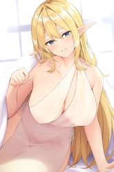 Rule 34 | 1girl, anza tomo, bare shoulders, blonde hair, blue eyes, blush, breasts, cleavage, collarbone, covered erect nipples, covered navel, dress, elf, hair between eyes, highres, large breasts, long hair, looking at viewer, original, pointy ears, see-through, smile, solo, under covers, white dress