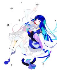 Rule 34 | 1girl, arm up, black dress, black footwear, blue bow, blue bowtie, blue hair, blunt bangs, bow, bowtie, cat tail, closed mouth, dress, expressionless, frederica bernkastel, full body, hair between eyes, highres, krrmanto, lolita fashion, long hair, long sleeves, looking at viewer, purple eyes, sidelocks, simple background, socks, solo, tail, umineko no naku koro ni, white background, white socks, wide sleeves, witch