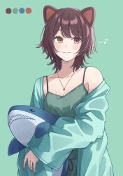 Rule 34 | 1girl, absurdres, animal ears, arm at side, bare shoulders, blue jacket, blue shorts, blush, breasts, brown hair, camisole, cleavage, closed mouth, collarbone, color guide, dog ears, dog girl, eighth note, ene mizunoawa, green background, green shirt, heterochromia, highres, hugging object, inui toko, jacket, jewelry, long sleeves, looking to the side, medium breasts, medium hair, musical note, nail polish, nijisanji, off shoulder, pendant, pink nails, red eyes, shirt, shorts, simple background, smile, solo, stuffed animal, stuffed shark, stuffed toy, virtual youtuber, yellow eyes