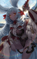 Rule 34 | 1girl, absurdres, animal ears, backlighting, black nails, blacktail hihi, bow, breasts, detached sleeves, erune, eyeshadow, granblue fantasy, grey hair, grin, highres, katana, large breasts, leotard, long hair, makeup, makura (granblue fantasy), nail polish, orange eyes, rabbit ears, rabbit girl, red eyeshadow, see-through, see-through leotard, smile, solo, sword, thighhighs, very long hair, weapon, white thighhighs, wide sleeves