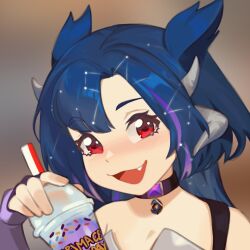 Rule 34 | 1girl, blue hair, chibi, choker, commentary, cup, disposable cup, english commentary, fang, grimace shake (meme), highres, horns, indie virtual youtuber, looking at viewer, mcdonald&#039;s, meme, multiple horns, open mouth, red eyes, solo, thernz, tongue, upper body, vienna (vtuber), vienna (vtuber) (3rd costume), virtual youtuber