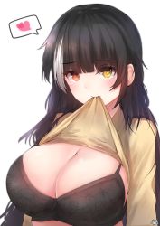 Rule 34 | 1girl, absurdres, black bra, black hair, blunt bangs, blush, bra, breasts, brown sweater, cleavage, closed mouth, clothes in mouth, clothes lift, commentary request, embarrassed, floral print, frown, girls&#039; frontline, heart, heterochromia, highres, hiromaster sinta jh, korean commentary, large breasts, lifting own clothes, long hair, looking at viewer, mouth hold, multicolored hair, print bra, red eyes, ro635 (girls&#039; frontline), shirt in mouth, signature, simple background, solo, speech bubble, spoken heart, star (symbol), star in eye, streaked hair, sweater, sweater lift, symbol in eye, tearing up, tears, underwear, upper body, white background, white hair, yellow eyes