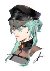 Rule 34 | 1girl, aqua eyes, aqua hair, black hat, braid, braided bun, closed mouth, commentary request, hair bun, hat, highres, long hair, looking at viewer, nightingale (path to nowhere), path to nowhere, portrait, shade, signature, simple background, solo, toho10min, white background