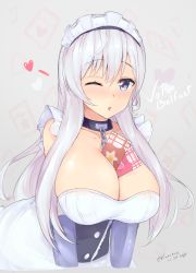 Rule 34 | 1girl, azur lane, belfast (azur lane), between breasts, blue eyes, blue gloves, blush, breasts, chain, cleavage, collar, dated, elbow gloves, gloves, grey background, hair between eyes, heart, huge breasts, kuavera, long hair, looking at viewer, maid, maid headdress, metal collar, one eye closed, open mouth, silver hair, simple background, smile, solo, twitter username, upper body