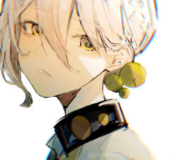 Rule 34 | 1boy, bell, commentary, hair bell, hair between eyes, hair ornament, highres, imamiya pinoko, iori yuzuru, looking at viewer, looking to the side, male focus, parted lips, portrait, shirt, solo, voiceroid, white background, white hair, white shirt, yellow eyes