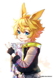Rule 34 | 1boy, alalen, animal ears, arknights, black gloves, blonde hair, cowboy shot, fingerless gloves, gloves, green eyes, hand up, highres, jacket, leonhardt (arknights), looking at viewer, male focus, rabbit boy, rabbit ears, short hair, solo, sparkle, tongue, tongue out, v