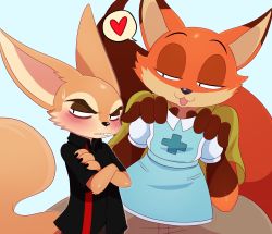 Rule 34 | 2boys, angry, animal ears, black eyes, body fur, eric lowery, eyebrows, finnick (zootopia), fox, furry, heart, highres, multiple boys, nick wilde, open mouth, shirt, sweat, tongue, tongue out, uniform, zootopia