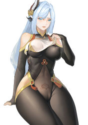 Rule 34 | 1girl, arm support, bare shoulders, black bodysuit, blue eyes, blush, bodysuit, braid, breast curtain, breast curtain lift, breasts, bridal gauntlets, cameltoe, clothing cutout, covered erect nipples, covered navel, flower knot, genshin impact, gold trim, hair ornament, highres, hip vent, impossible clothes, invisible chair, large breasts, long hair, looking at viewer, low-braided long hair, low-tied long hair, nero (nilu), parted lips, see-through, shenhe (genshin impact), shoulder cutout, simple background, sitting, skin tight, solo, sweatdrop, swept bangs, tassel, tattoo, thighs, very long hair, white background, white hair