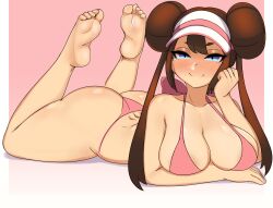 Rule 34 | 1girl, ass, bare legs, bare shoulders, barefoot, bikini, blue eyes, blush, border, breasts, cleavage, closed mouth, collarbone, creatures (company), double bun, game freak, gradient background, hair bun, half-closed eyes, highres, large breasts, legs up, long hair, looking at viewer, lying, nintendo, on stomach, pink background, pink bikini, pokemon, pokemon bw2, rosa (pokemon), shnibbles, simple background, smile, soles, solo, swimsuit, tears, toes, twintails, visor cap, white border