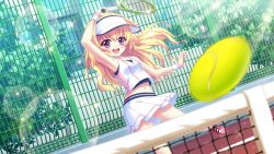 Rule 34 | 1girl, :d, arm up, armpits, ball, bare shoulders, black undershirt, blonde hair, building, collarbone, dot nose, dutch angle, fence, film grain, game cg, hasegawa mii, hat, holding tennis racket, izumi tsubasu, lens flare, long hair, midriff, miniskirt, navel, non-web source, official art, open mouth, pink footwear, playing sports, purple eyes, racket, re:stage!, shoes, skirt, smile, sneakers, socks, solo, sparkle, sparkling eyes, sportswear, sunlight, tank top, teeth, tennis, tennis ball, tennis court, tennis net, tennis racket, tennis uniform, upper teeth only, visor cap, white hat, white skirt, white socks, white tank top, white wristband, window